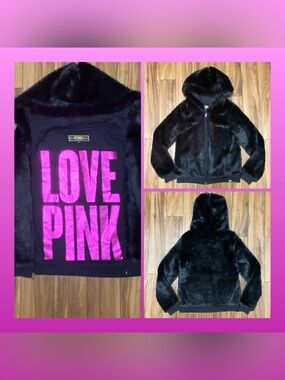 PINK Victoria's Secret Black Fashion Show Fur Hoodie